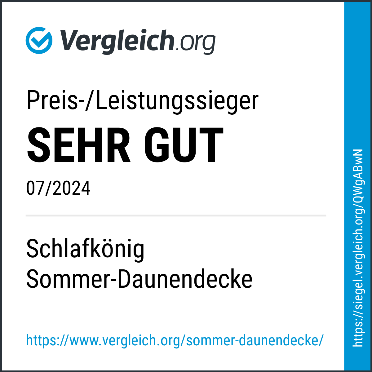 Sommer-Daunendecke 135x200 SCHLAFKÖNIG Preis-Leistungssieger Auszeichnung Vergleich.org
