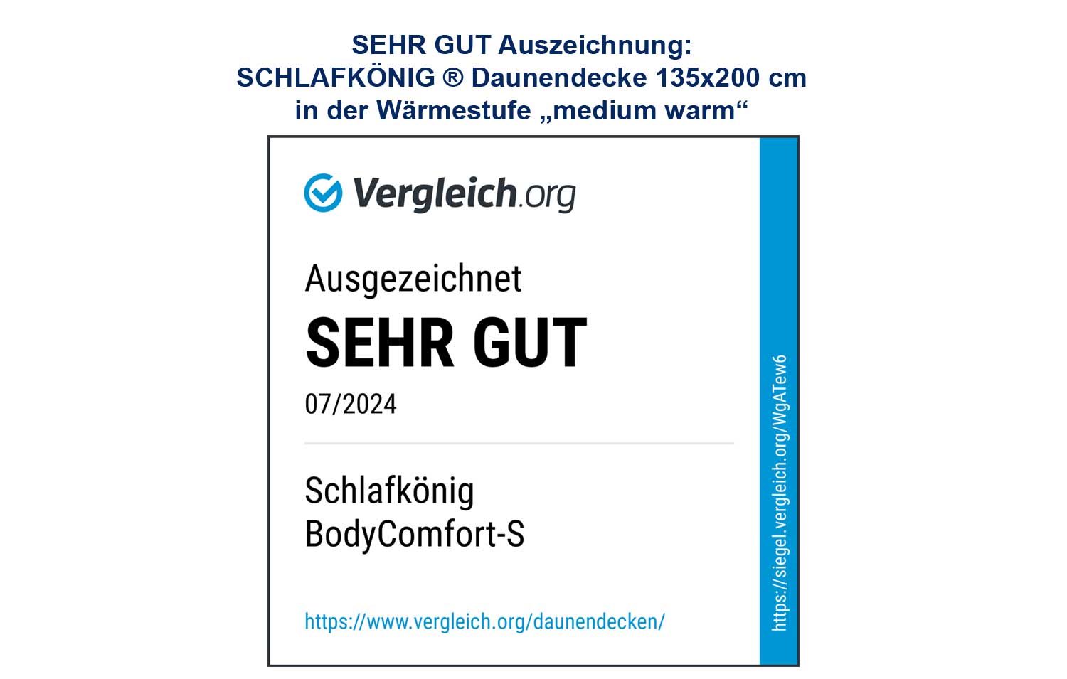 Daunendecke 135x200 medium-warm laut SCHLAFKÖNIG mit SEHR GUT Siegel ausgezeichnet