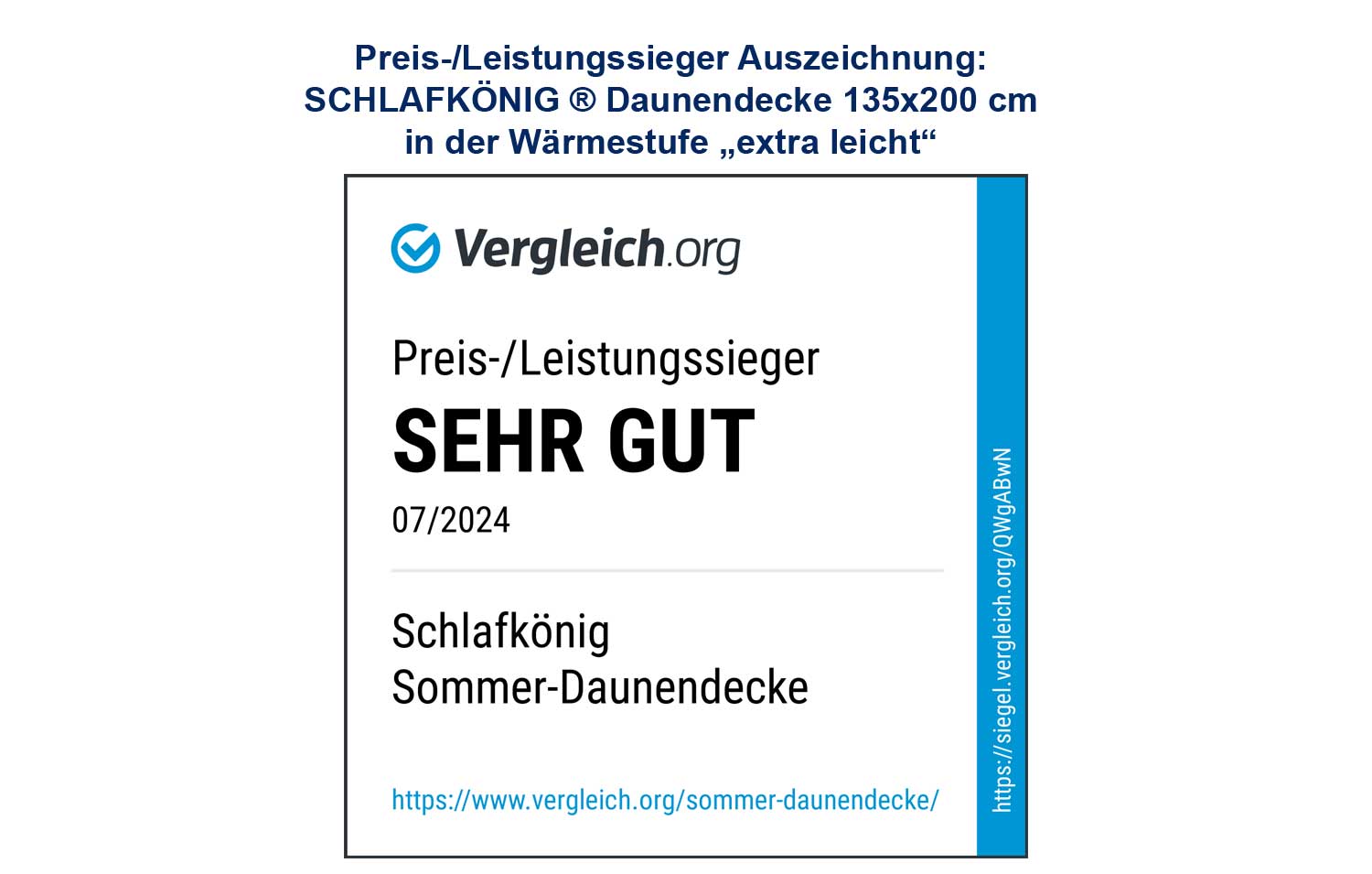 Sommer-Daunendecke 135x200 extra leicht SCHLAFKÖNIG Preis-Leistungssieger Auszeichnung Vergleich.org